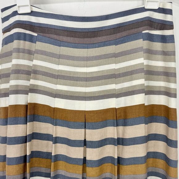Banana Republic Brown Blue Cream Horizontal Striped A Line Pleated Linen Skirt - Picture 6 of 15